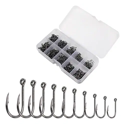 Kit Minymix com 600 anzóis de aço carbono tamanhos 3 a 12 com caixa