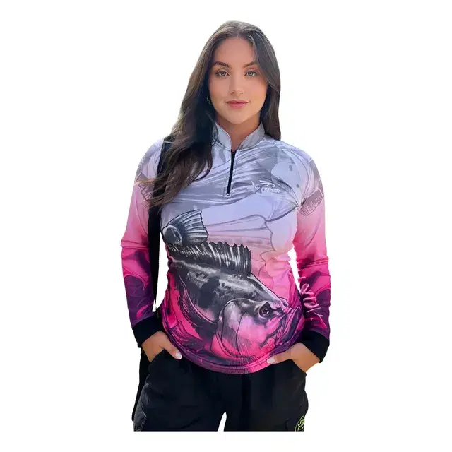 Camisa de pesca com estampa de tucunaré azul e proteção UV50+