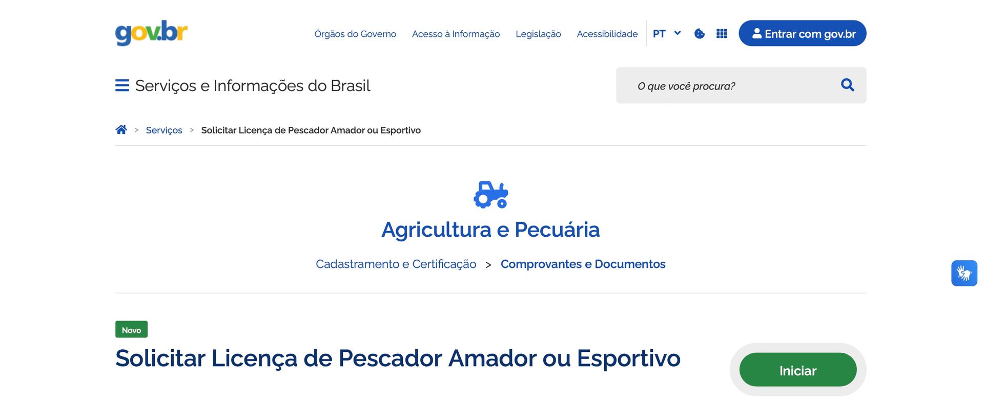 Página inicial para solicitação da carteirinha de pescador amador ou esportivo no site gov.br