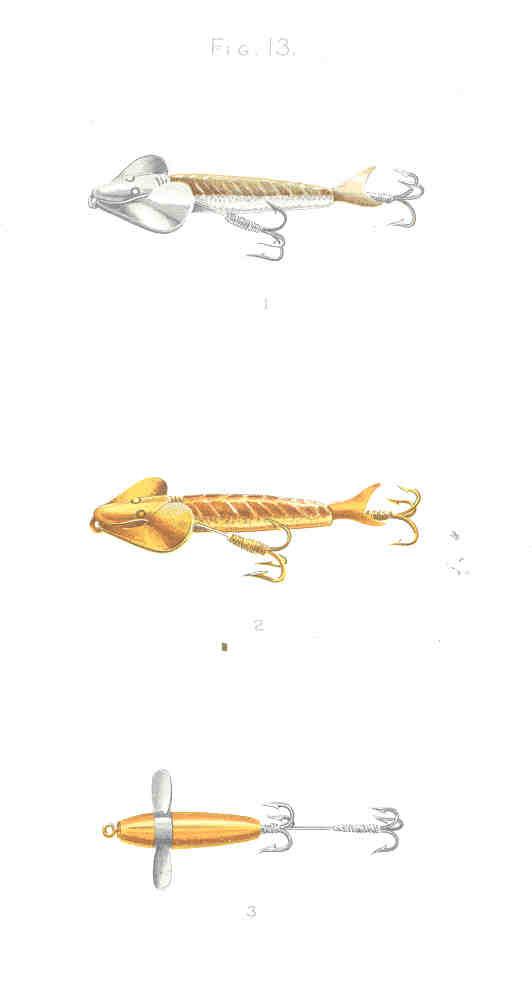 Ilustração vintage mostrando vários modelos de iscas artificiais