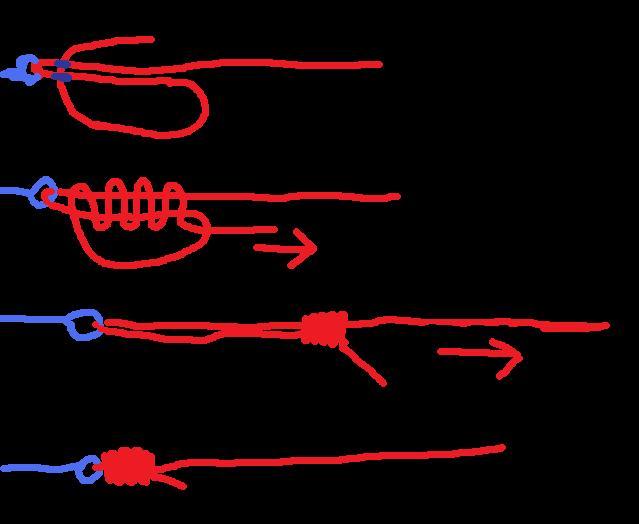 Diagrama passo a passo do nó Palomar aplicado à linha de pesca
