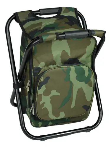 Mochila semi térmica verde com banco dobrável integrado para pesca e camping