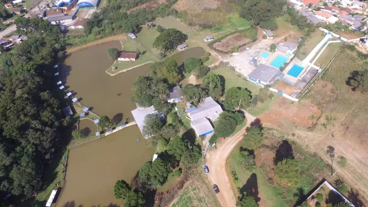 Estrutura típica de pesque-pague no Sul, similar aos lagos de Campo Magro, Paraná - pesca esportiva